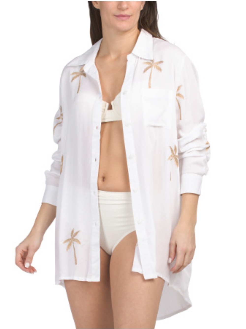 Embroidered Challis Palm Swim Cover-Up Shirt and pant set